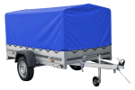 Auto Anhänger 230×125 Garden Trailer 230 KIPP Unitrailer 750 kg mit Stützrad, blauer Hochplane und Hochspriegel